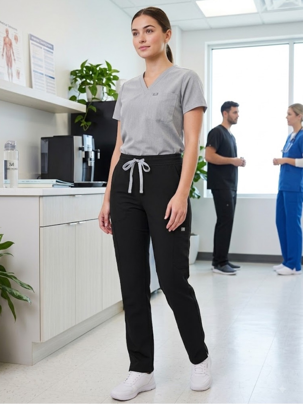 FIGS Black Straight-Leg Scrub Pants with Gray Drawstring